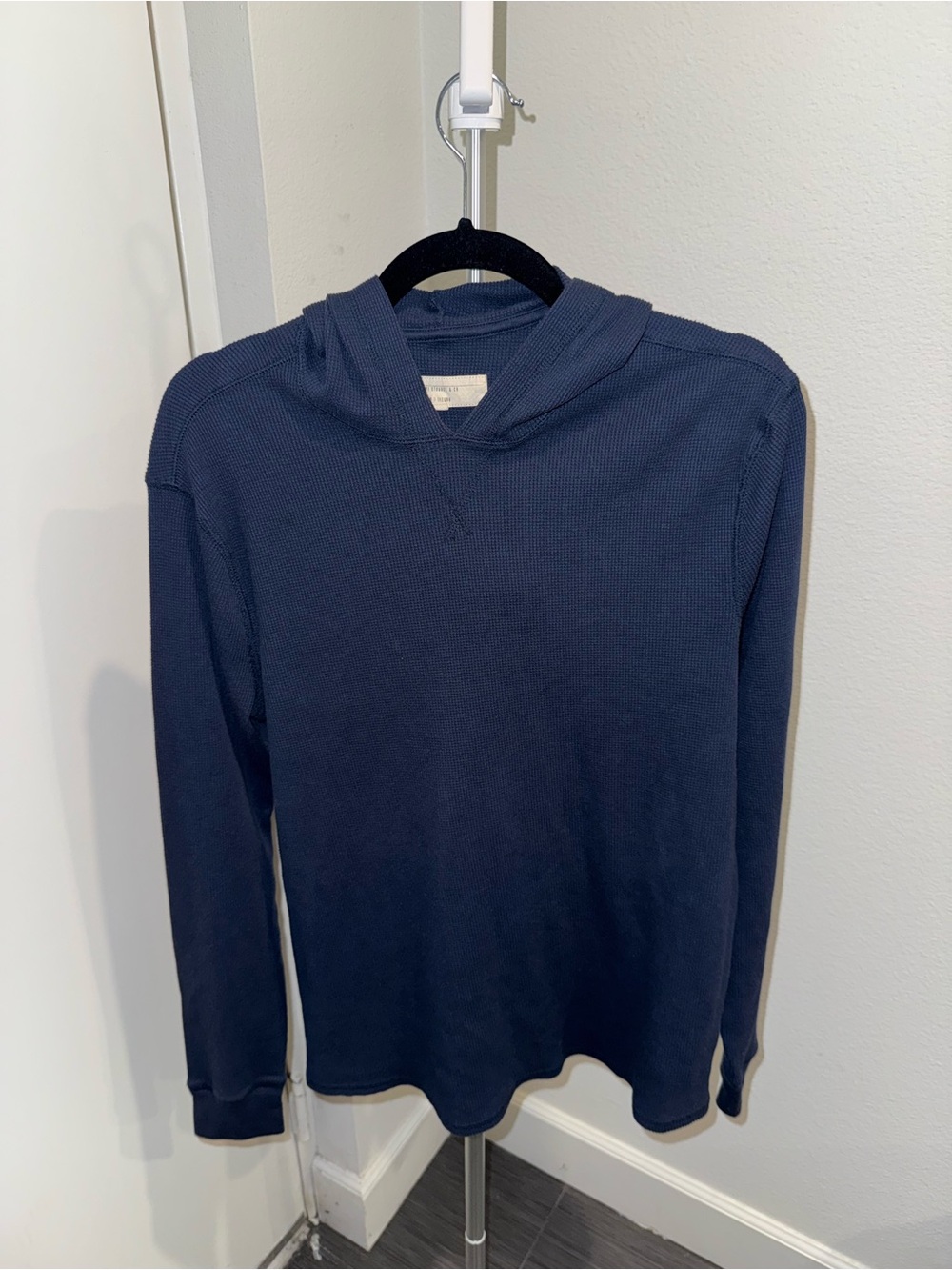 Men's Minimalist Crewneck Hooded Waffle Knit Sweater Shirt Navy Comfort Athletic